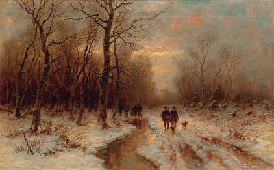 Дезире Томассен «Зимний пейзаж с охотником и собакой», д.м., 36,5 х 58,5 см. Дезире Томассен 