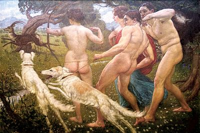 Рафаэль Ханс Ульрих Шустер-Вольдан «Диана со свитой на охоте», 1912 г., х.м., 97 х 140 см. Рафаэл 