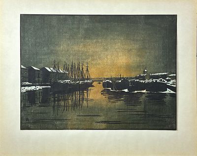 Анна Петровна Остроумова-Лебедева «Дворец Бирона и барки», 1916 г. Цветная ксилография, 370 x 500 мм