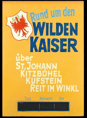 WILDER KAISER | Zustand: (1) | Werbeschild eines Busunternehmens, Pressspan, von Hand koloriert 