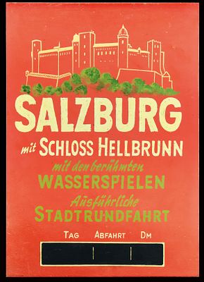 SALZBURG | Zustand: (1) | Werbeschild eines Busunternehmens, Pressspan, von Hand koloriert, D 