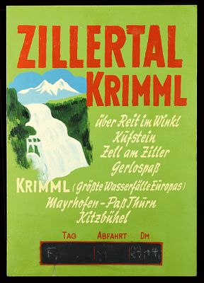 ZILLERTAL KRIMML | Zustand: (1) | Werbeschild eines Busunternehmens, Pressspan, von Hand 