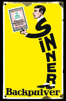 SINNER BACKPULVER | EMAILSCHILD. SINNER BACKPULVER | Condition: (2) | Enamel sign, convex 