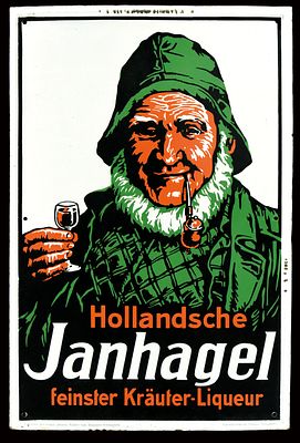 HOLLANDSCHE JANHAGEL - FEINSTER KRÄUTER-LIQUEUR | EMAILSCHILD. HOLLANDSCHE JANHAGEL - FEINSTER 