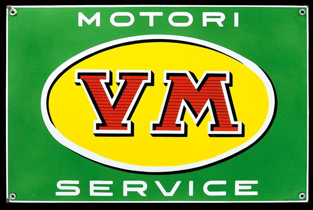 VM MOTORI SERVICE (1). Enamel sign, stenciled, IT 1950s, 50 x 39 cm / 19.7 x 15.4 in