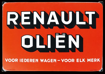 RENAULT OLIEN (0-1). Enamel sign, stenciled, NL late 1930s, 64 x 44 cm / 25.2 x 17.3 in 