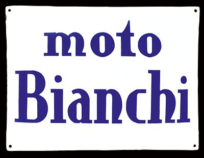 MOTO BIANCHI (1-). Enamel sign, convex, stenciled, IT 1930s, 45 x 33 cm / 17.7 x 13 in, the blue 