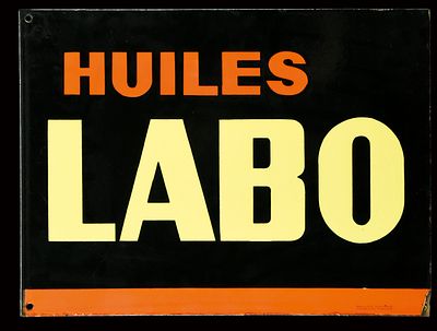 HUILES LABO (1). Enamel sign, flange, double sided, stenciled, F 1950s, 46 x 33 cm / 18.1 x 13 
