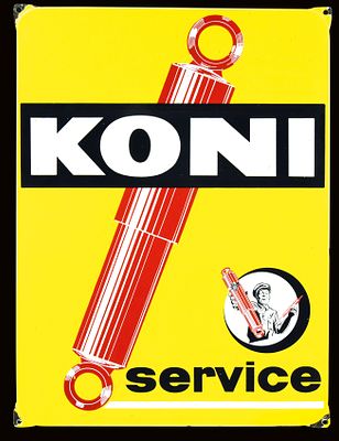 KONI SERVICE (1-). Enamel sign, stenciled, 1950s, 37 x 50 cm / 14.6 x 19.7 in