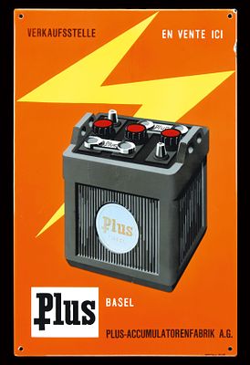 PLUS ACCUMULATOREN (1). Enamel sign, stenciled, GER around 1950, 40 x 63 cm / 15.7 x 24.8 in 