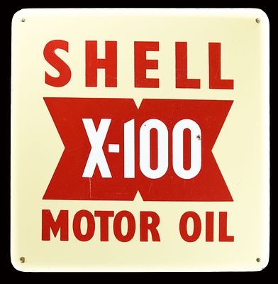 SHELL X-100 MOTOR OIL (2). Enamel sign, stenciled, IT dated June 1953, 48 x 48 cm / 18.9 x 18.9 