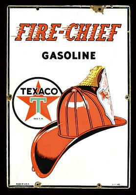 FIRE-CHIEF TEXACO (2-). Enamel sign, stenciled, USA 1946, 20 x 46 cm / 7.9 x 18.1 in, with 