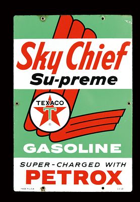 SKY CHIEF TEXACO (1). Enamel sign, stenciled, USA 1963, 30 x 46 cm / 11.8 x 18.1 in, marked: 