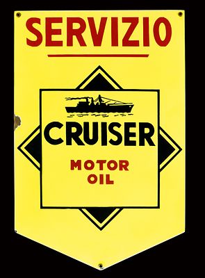CRUISER MOTOR OIL (1). Enamel sign, stenciled, 1950s, 38 x 57 cm / 15 x 22.4 in, Smalteria 
