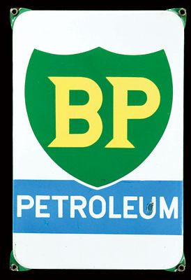 BP PETROLEUM (2+). Enamel sign, stenciled, NL around 1950, 21 x 32 cm / 8.3 x 12.6 in, small 