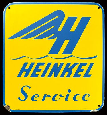 HEINKEL SERVICE (1-2). Enamel sign, stenciled, GER 1950s, 53 x 58 cm / 20.9 x 22.8 in 