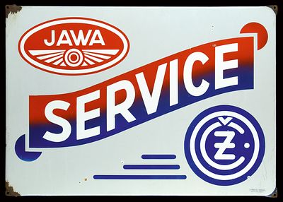 JAWA SERVICE (1-2). Enamel sign, stenciled, NL 1930s, 96 x 68 cm / 37.8 x 26.8 in, "Langcat" 