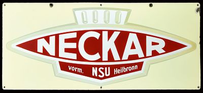 NECKAR NSU (1). Enamel sign, stenciled, GER 1950s, 80 x 35 cm / 31.5 x 13.8 in