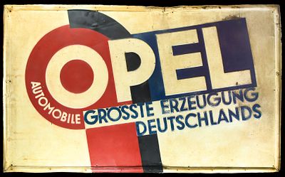 OPEL AUTOMOBILE (3). Huge tin sign, embossed, lithographed, GER late 1920s, 179 x 109 cm / 70.5 