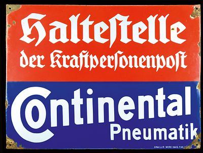 CONTINENTAL HALTESTELLE (2). Enamel sign, thickly stenciled, GER around 1920, 79 x 59 cm / 31.1 