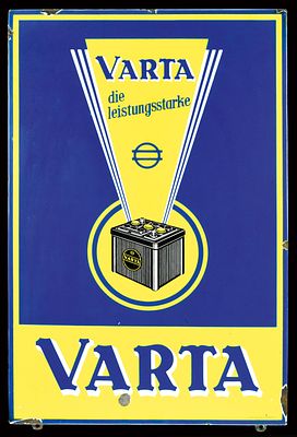 VARTA (2). Enamel sign, stenciled, GER 1950s, 48 x 73 cm / 18.9 x 28.7 in, Pyro-Email, Boos & 
