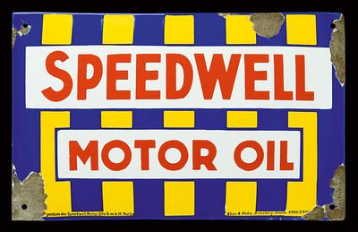 SPEEDWELL MOTOR OIL (2-3). Enamel sign, convex, thickly stenciled, GER around 1930, 40 x 25 cm / 