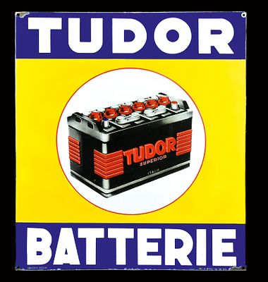 TUDOR BATTERIE (1). Enamel sign, stenciled, around 1950, 63 x 73 cm / 24.8 x 28.7 in, Smalteria 