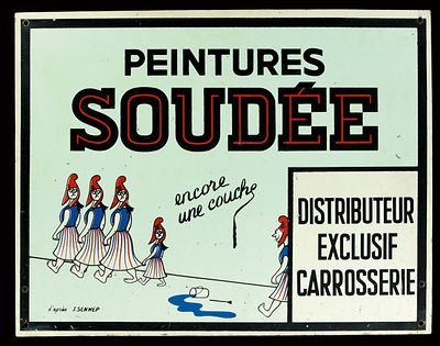 PEINTURES SOUD&Eacute;E (2+). Tin sign, around 1950, 65 x 50 cm / 25.6 x 19.7 in, signed: d'apr&egrave;s J. 
