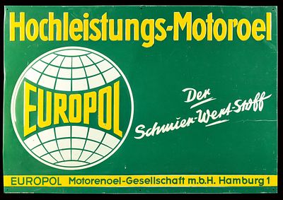 EUROPOL (1). Tin sign, the globe embossed in relief, GER 1950s, 74 x 51 cm / 29.1 x 20.1 in