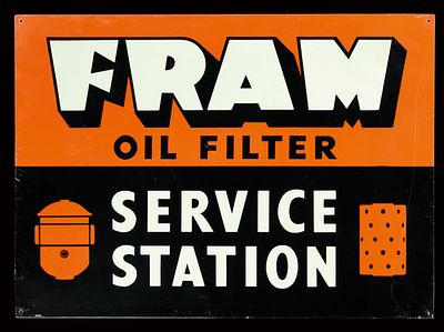 FRAM OIL FILTER (1). Tin sign, around 1960, 50 x 36 cm / 19.7 x 14.2 in
