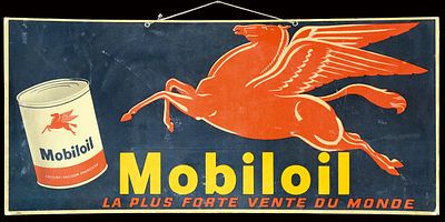 MOBILOIL (2). Advertising sign, lithographed, F 1950s, 56 x 26 cm / 22 x 10.2 in