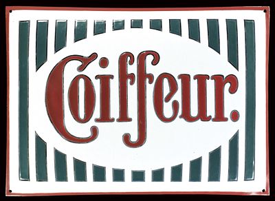 COIFFEUR | EMAILSCHILD | ZUSTAND (1-2). Condition (1-2) | Enamel sign, convex, stenciled, also 