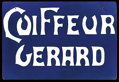 COIFFEUR GERARD | EMAILSCHILD | ZUSTAND (2+). Condition (2+) | Enamel sign, stenciled, around 