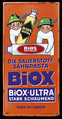 BIOX-ULTRA ZAHNPASTA | EMAILSCHILD | ZUSTAND (2-). Condition (2-) | Enamel sign, stenciled and 