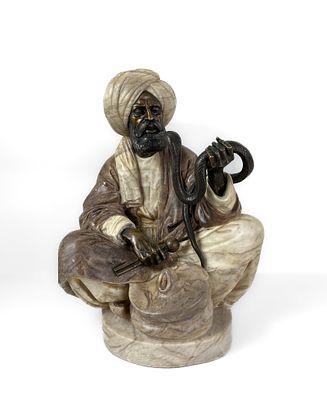 RUDOLF FRANKE NAUTSCHUTZ (GERMAN, 1860-1933), A SNAKE CHARMER, CIRCA 1910 BRONZE, ALABASTER 31 