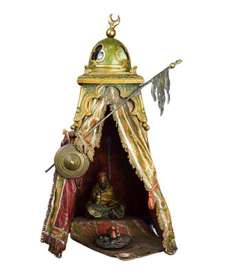 FRANZ XAVER BERGMANN (1831-1936) THE BEDOUIN TENT, VIENNESE BRONZE TABLE LAMP COLD PAINTED 
