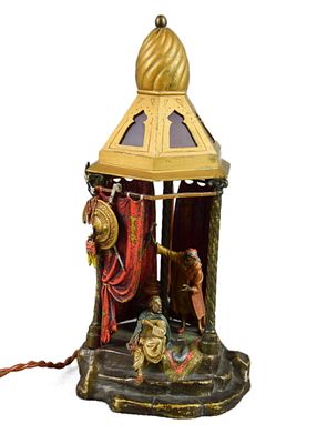 FRANZ XAVER BERGMANN (1861-1936), BEDOUIN TENT WITH TWO MARCHANTS, VIENNESE BRONZE LAMP. FRANZ 