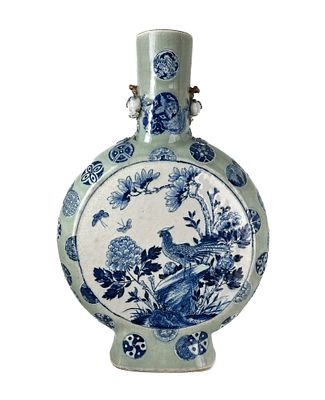 A LARGE CHINESE BLUE AND WHITE, CELADON-GLAZED MOON FLASK DECORATED WITH BIRDS, BUTTERFLY AND 