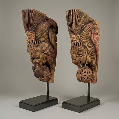 FOO LIONS, PAIR OF ARCHITECTURAL ELEMENTS, SOUTHEAST ASIA, LATE 19TH C PAINTED WOOD MODERN 