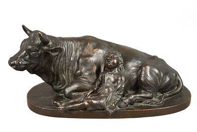 A JAPANESE BRONZE OKIMONO, BOY SLEEPING BY A BUFFALO, MEIJI PERIOD LARGE DECORATIVE SCULPTURE 