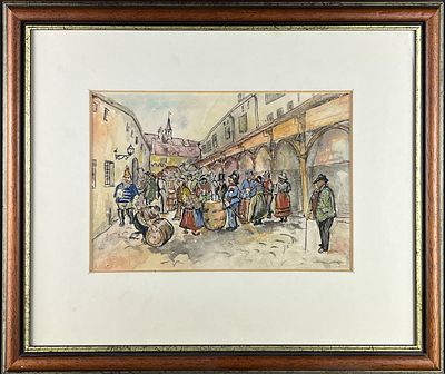 SET OF SEVEN WATERCOLORS, GENRE SCENES FROM MUNCHEN HOFBRAUHAUS, SIGNED 39 X 46 CM (FRAMED) 