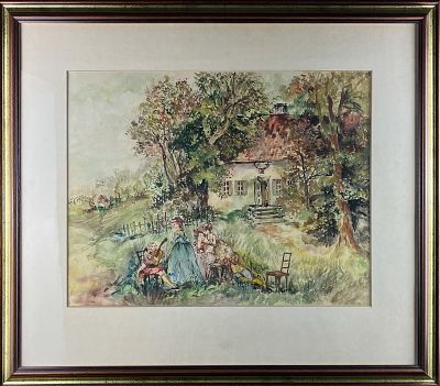 GENRE SCENE IN STYLE OF ANTOINE WATTEAU, SIGNED WATERCOLOR, PAPER 39 x 49 CM // 73 X 64 CM 