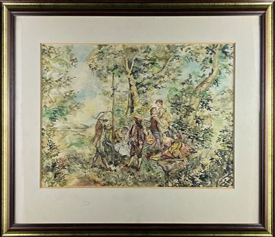 GENRE SCENE IN STYLE OF ANTOINE WATTEAU, SIGNED WATERCOLOR, PAPER 33 x 45 CM // 57 X 66 CM 