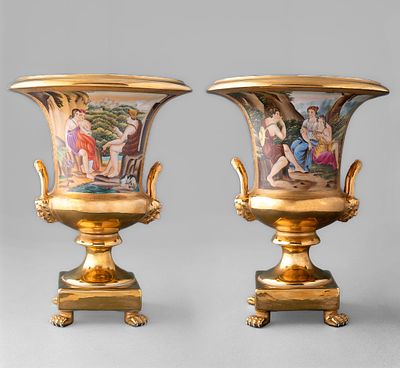 A PAIR OF MEDICI VASES WITH GENRE SCENES, 20TH C. A PAIR OF MEDICI VASES WITH GENRE SCENES 
