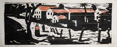 יעקב פינס (גרמניה - ישראל, 1917-2005) - רחוב בזכרון יעקב, 1957, חיתוך עץ, 30X74 ס"מ, חתום ומתוארך. 