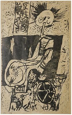 אברהם אילת (נ. 1939) - דמות, 1965, חיתוך עץ, 59X38 ס"מ, חתום, מתוארך וממוספר 2/12.