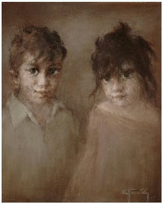 Rodolfo Seinwells (Austrian - Uruguayan, 1905-1980) - אח ואחות, שמן על בד מוצמד לקרטון, 50X40 ס"מ 