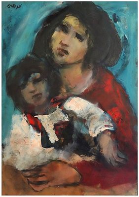 אריה וכנהאוזר (ישראל - פולין, 1917-1998) - אם ובת, שמן על עץ, 50X35 ס"מ, חתום.