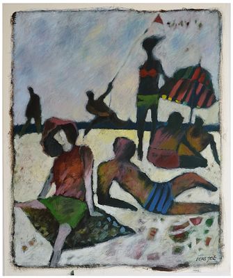 אסף ברג (1937-1997) - דמויות בחוף הים, שמן על נייר, 60X50 ס"מ, חתום.