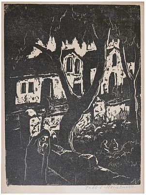 יעקב שטיינהרדט (גרמניה - ישראל, 1887-1968) - רחוב קטן עם עץ, 1949, חיתוך עץ, 17x12 ס״מ, חתום 